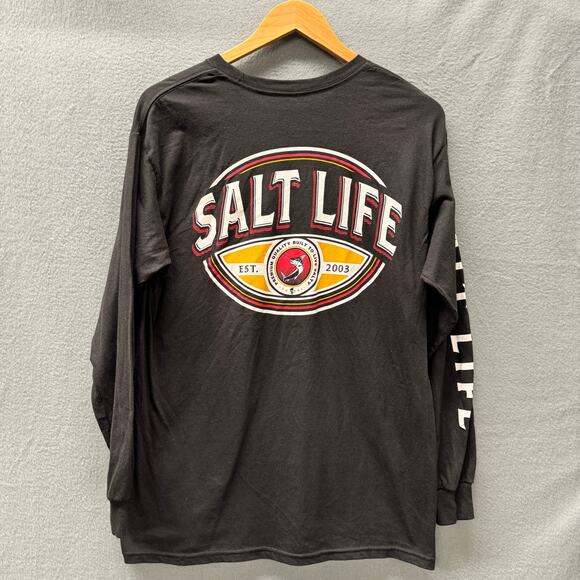 Salt Life T-Shirt Mens Medium Black Long Sleeve Spellout Sleeve Pre-Shrunk NEW - Picture 2 of 7